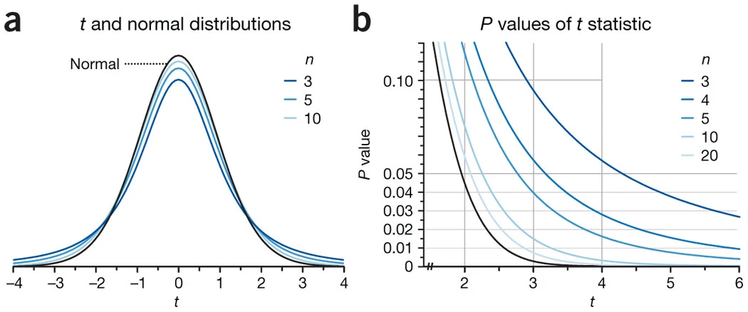 Figure 3 | The t-distribution vs. the normal distribution. (a) The t-distribution has higher, thicker tails than the standard normal, reflecting its assumption that extreme values are more probable. The shape of the t-distribution is determined by sample size n (specifically, degrees of freedom n − 1): as n grows, the t-distribution approaches the normal. (b) The relationship between t and p. For the same t-value, the p-value is larger (less significant) when n is small than when n is large or when the normal distribution is used.